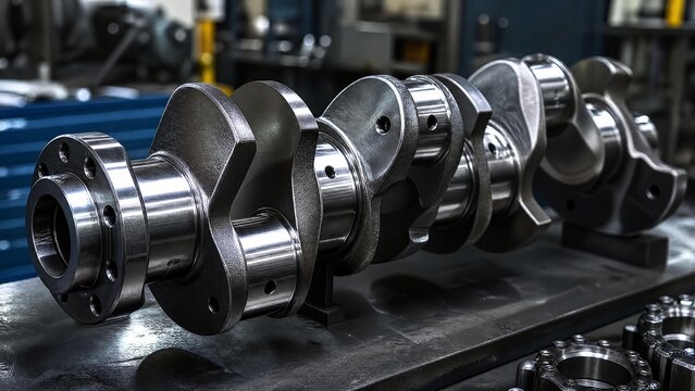 crankshaft. A polished engine crankshaft under workshop lighting, showing metallic sheen. safety posters, maintenance manuals, designed for industrial assembly lines and welding operations.