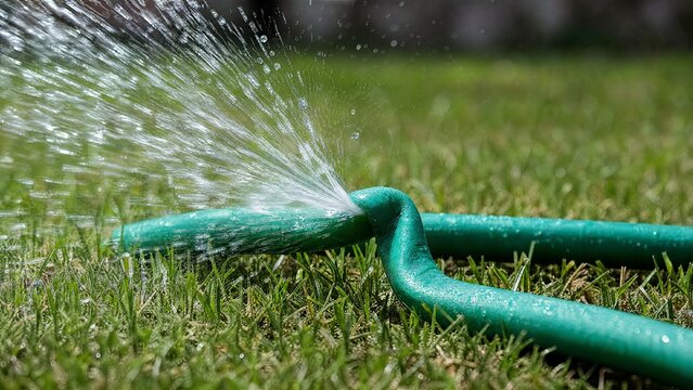 constriction. Green garden hose kinked, spraying water on sunlit grass. event key visuals, club posters, designed for sports event promotions and stadium branding and fitness apps and gym onboarding.