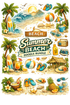verano en la playa, paquete de dibujos, ilustraciones veraniegas, playa tropical, vacaciones de verano, elementos playeros, colecci&oacute;n de verano, dise&ntilde;o tropical, ilustraci&oacute;n vectorial, sol brillante, 