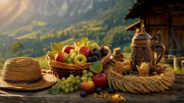 stein. Woven straw hat and fruit basket with apples and grapes, wheat wreath and beer stein on wooden table. menu design.