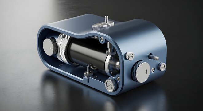 Precision industrial control device or mechanical unit. Engineering and technological precision. A blue metallic component with manual adjustment knobs