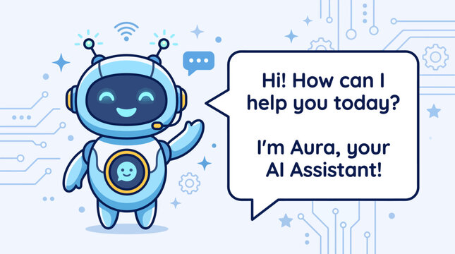 Friendly AI Robot Character Assisting with Technology Support.