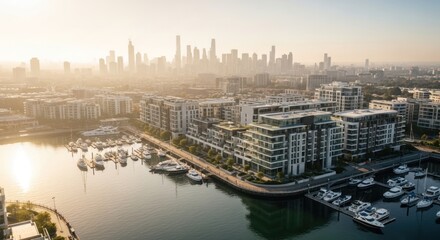 Fototapeta premium Luxury Urban Real Estate: Aerial Photo of Modern Waterfront City with Marina, Residential Buildings, and Hazy Skyline