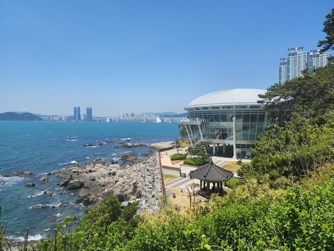 Coastal View of Nurimaru APEC House and Gwangan Bridge in Busan South Korea