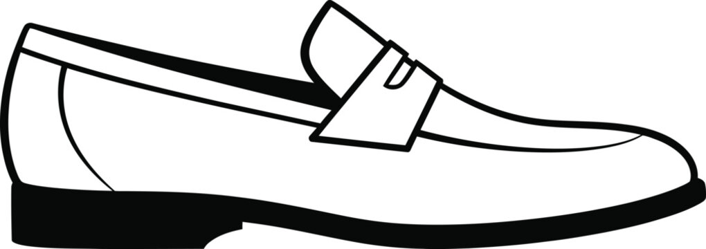 Minimalist black and white vector illustration of a classic leather loafer shoe