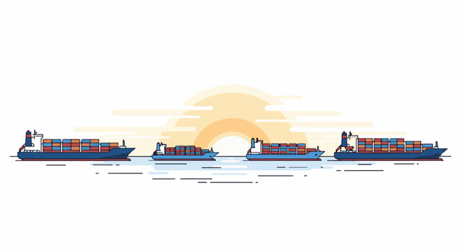 Four container ships sail at sunset with cargo stacked high