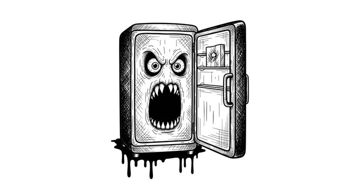 Scary refrigerator monster with open door and sharp teeth.