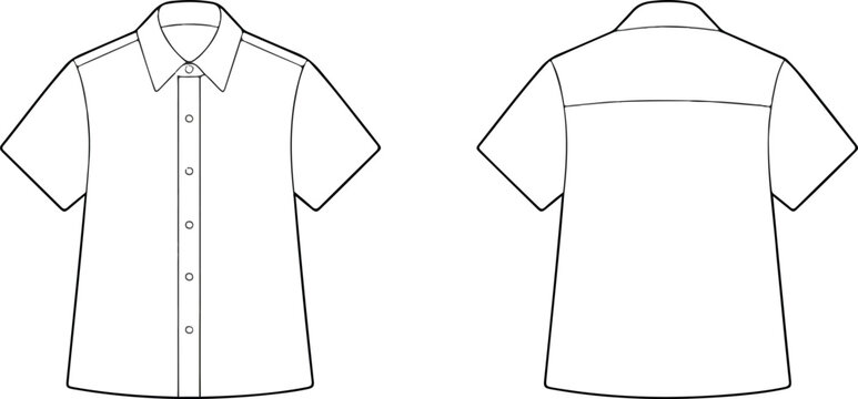 Short‑sleeve button‑up shirt vector illustration showing front and back technical flat sketch for fashion and apparel projects