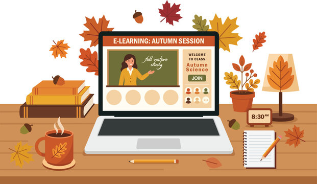 A warm, inviting, and detailed flat design illustration of a home study desk setup tailored for autumn
