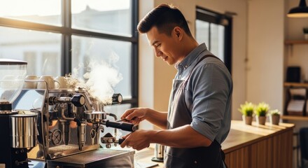 Fototapeta premium Barista Preparing Espresso Coffee on Machine in Cafe - Realistic Photo