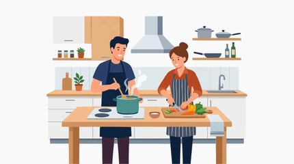 Fototapeta premium Couple Cooking Together in Modern Kitchen, Minimalist Flat Illustration Home Lifestyle