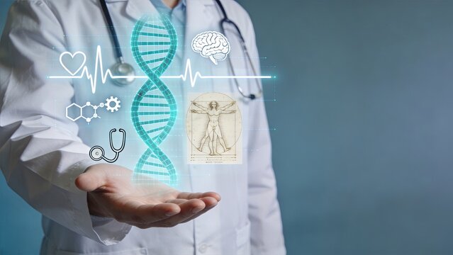 Doctor holding holographic DNA strand, brain, heart rate, Vitruvian man, medical icons, futuristic healthcare, genetic research, neuroscience, cardiology, anatomy study, digital