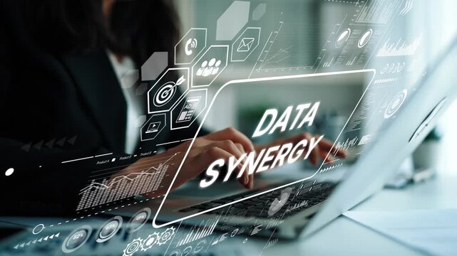 Business professional interacts with digital data concepts and synergy in modern office environment. Asymptotic smart data analytic.