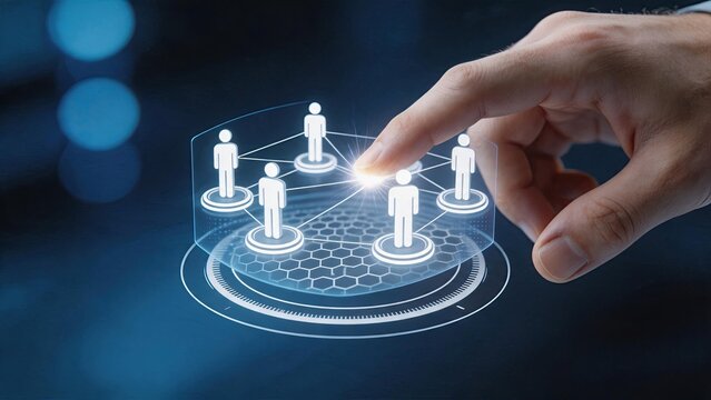 Hand touching holographic network of people icons, team collaboration concept, social connection interface, digital community platform, human resource management system
