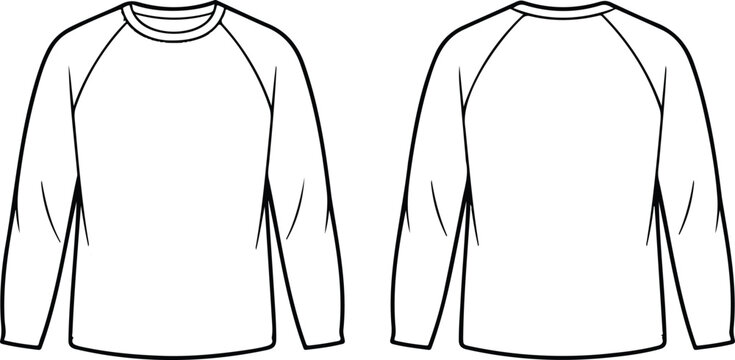 Long‑sleeve raglan T‑shirt vector illustration showing front and back technical flat sketch for fashion and apparel projects