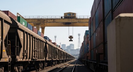 Fototapeta premium Shipping Container Train and Crane in Industrial Port, Realistic Photo