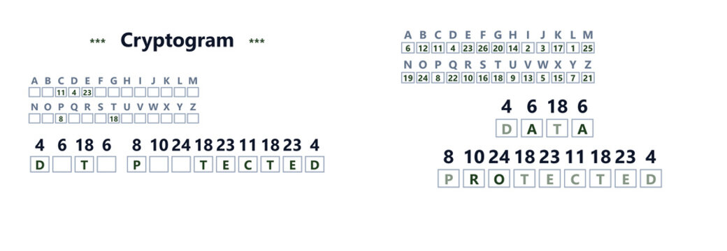 Cryptogram puzzle illustration: Cybersecurity theme with numbers and symbolic cipher, decryption of the secret message "Data Protected" highlighted on a transparent background