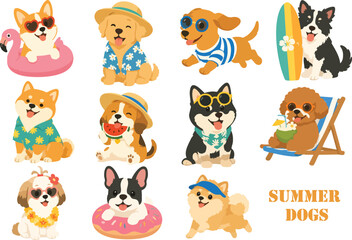 Obraz premium Cute Summer Dogs Collection Illustration, vector, and cartoon with Beach Vacation Theme