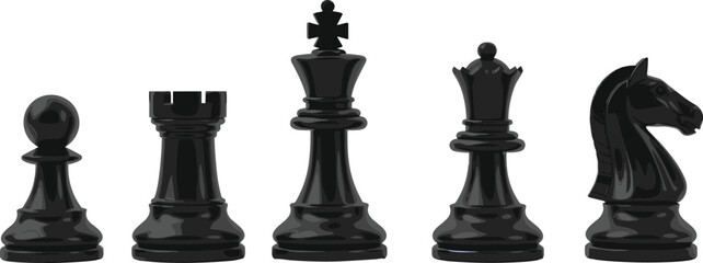 Five Glossy Black Chess Piece Vectors Including Pawn Rook King Queen and Knight on White Background © MD