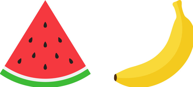 Minimalist fruit vector icons, red watermelon slice with seeds and yellow banana, flat design summer food elements for healthy lifestyle branding