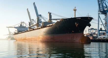 Fototapeta premium Bulk Carrier Ship and Port Cranes in Maritime Logistics Industry - Industrial Shipping Photography