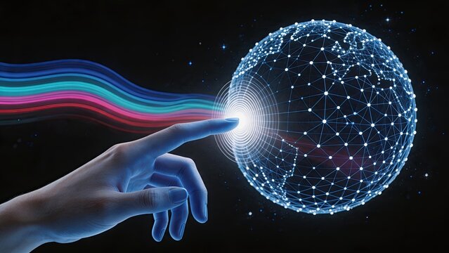 Finger touching digital network globe, global connectivity, internet of things, data transmission, futuristic technology interface, cyber security, wireless communication, virtual