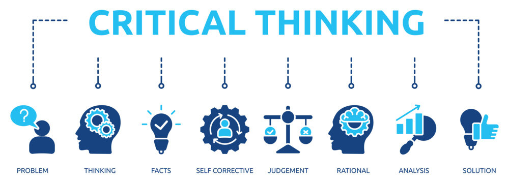 critical thinking glyph banner icon of problem, thinking, facts, self corrective, judgement, rational, analysis, solution