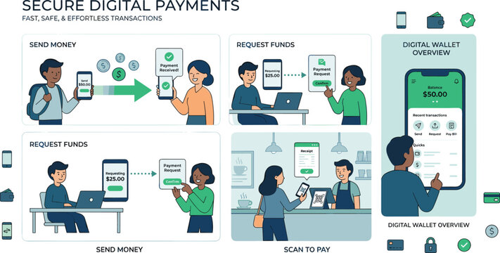 Mobile financial transactions banner collection featuring online money transfer request funds digital wallet application interface and scan to pay elements