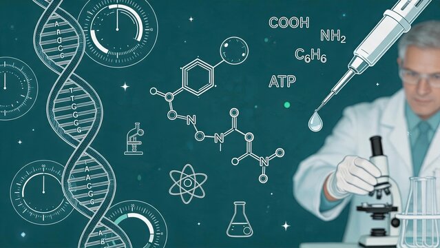 Scientist using microscope in laboratory with chemical formulas and DNA structure overlay, medical research, biotechnology, genetics study, pharmaceutical development, science