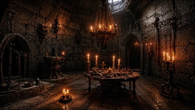 An inside hall of a Transylvanian vampire castle from Victorian times. A table in the living room with chairs and candles in Transylvania. 3D illustration of Halloween for horror theme backgrounds.