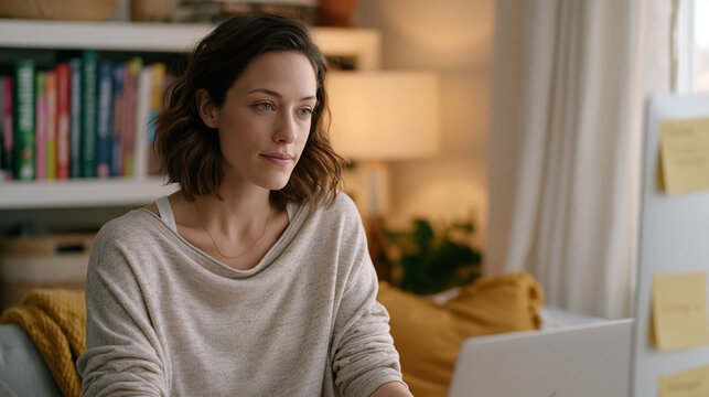 Intuitive eating counselor in casual home office setting conducting virtual session on laptop, notes about hunger cues visible on sticky notes around monitor, bookshelves with nutrition titles in ba