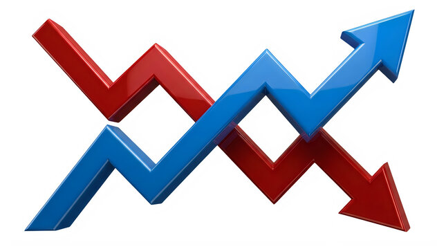 Red and blue arrows showing growth and decline trends isolated on transparent background transparent background