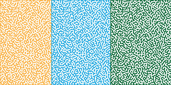 Generative algorithm turing pattern set featuring four distinct color panels of yellow cyan orange and green reaction diffusion textures, vector design
