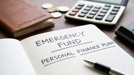 Obraz premium Close-up of emergency fund and personal finances documents displayed with calculator and wallet