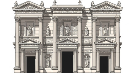 Ornate Classical Building Facade with Columns and Statues. © Ninda