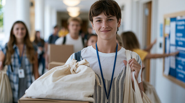 College freshman moving dormitory boxes through crowded residence hall corridor during orientation week, parents trailing behind with bedding bags, lanyard IDs swinging as resident advisors direct f