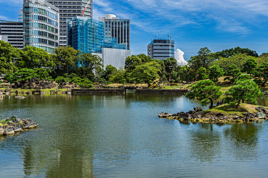 Small island in the pond of Kyu-Shiba-rikyu Gardens with urban buildings September 2023