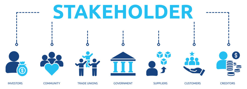 stakeholder glyph banner icon of investors, community, trade unions, government, suppliers, customers, creditors