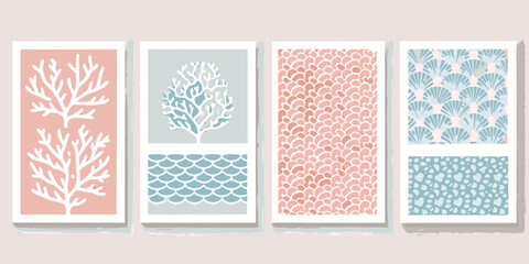Coral And Scale Patterns Minimalist Vector Illustrations In Frames © Sukla