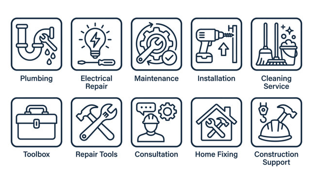 Handyman icon set for repair and maintenance services