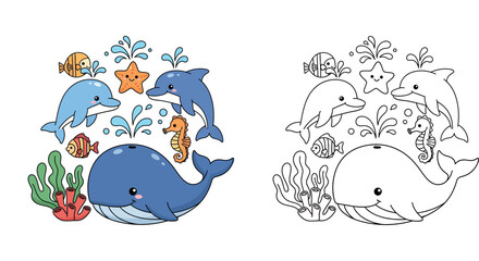 Obraz premium Cute Cartoon Sea Animals Illustration Featuring a Large Whale, Dolphins, Starfish, Seahorse
