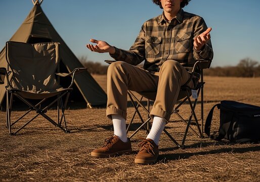 A person sits in a camping chair outside a tent, enjoying an outdoor adventure in nature
