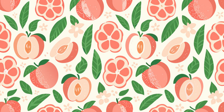 Peach floral ornament a repeating pattern with fruit and leaves