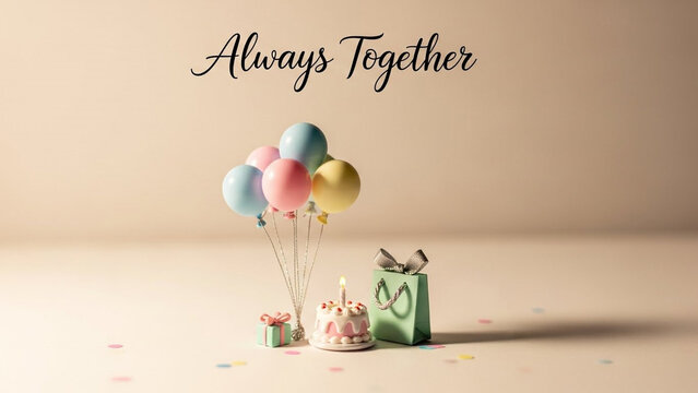 Colorful balloons, gifts, and confetti, celebration background, festive party decorations, always together