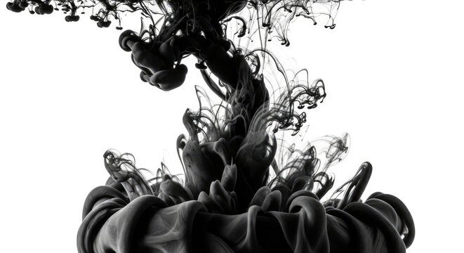 Black ink dissolving in water creating abstract artistic forms against white