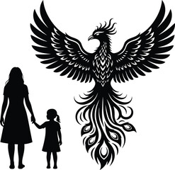 Fototapeta premium Woman and Girl Holding Hands with Phoenix Rising