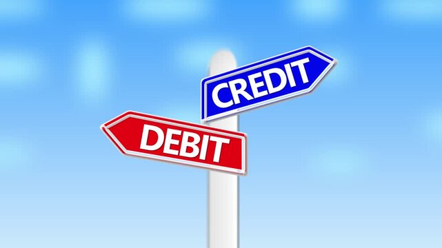 Credit vs debit signpost concept: financial decision making and banking choice 4k