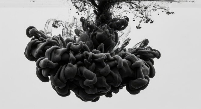 Black ink dissolving in water creating abstract artistic forms and visual textures