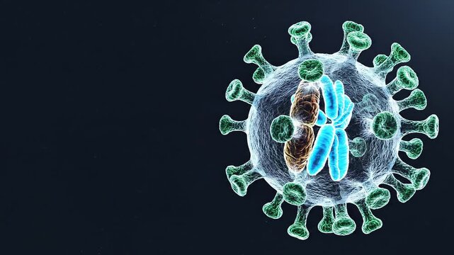 Microscopic view of a virus cell with green and blue organelles on dark background