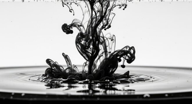 Black ink dissolving in water creating abstract artistic forms monochrome visual